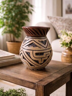 Hand Carved Mexican Redware Pottery Vase Tribal Marajoara Style Boho Decor